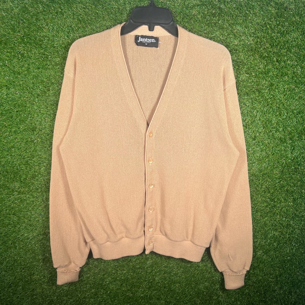 Vintage Jantzen Mens Cardigan Sweater Tan Camel V-Neck Button Front USA Made M